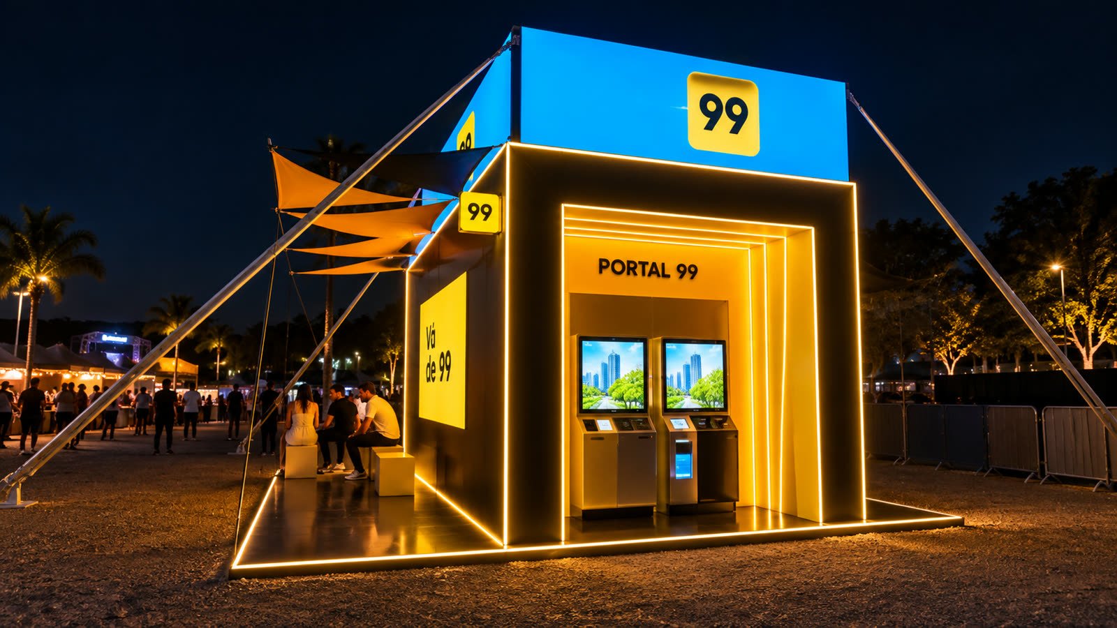 Portal 99 iluminado à noite com contorno de LED amarelo e telas de atendimento