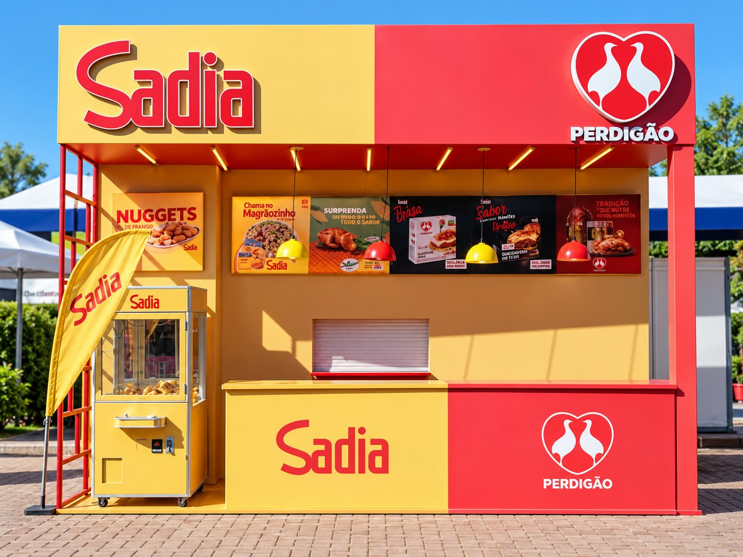 Quiosque cenográfico da Sadia e Perdigão em amarelo e vermelho com cardápio de nuggets e bandeiras