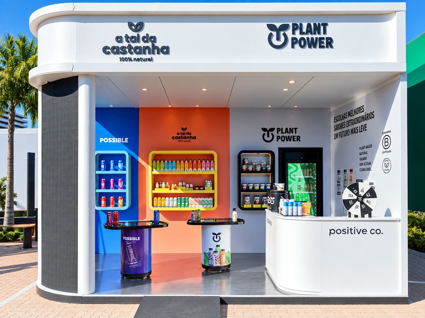 Cenografia da A Tal da Castanha e Plant Power com paredes coloridas e prateleiras de produtos