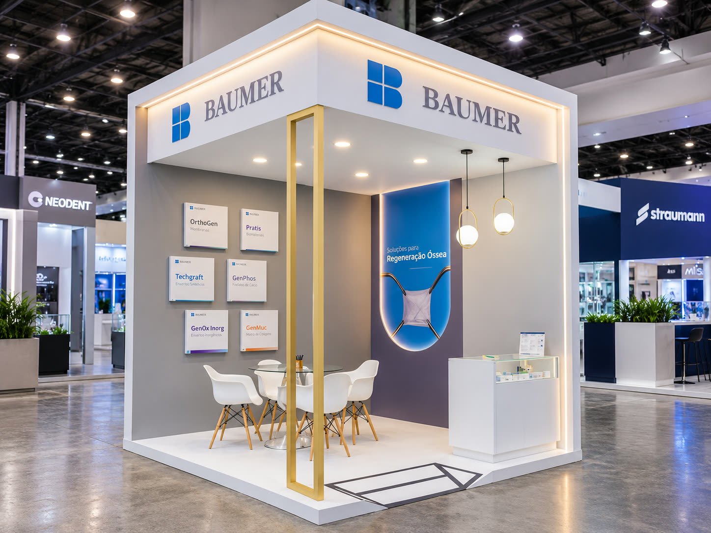 Stand da Baumer em branco e azul com pendentes, mesa de reunião e quadros na parede