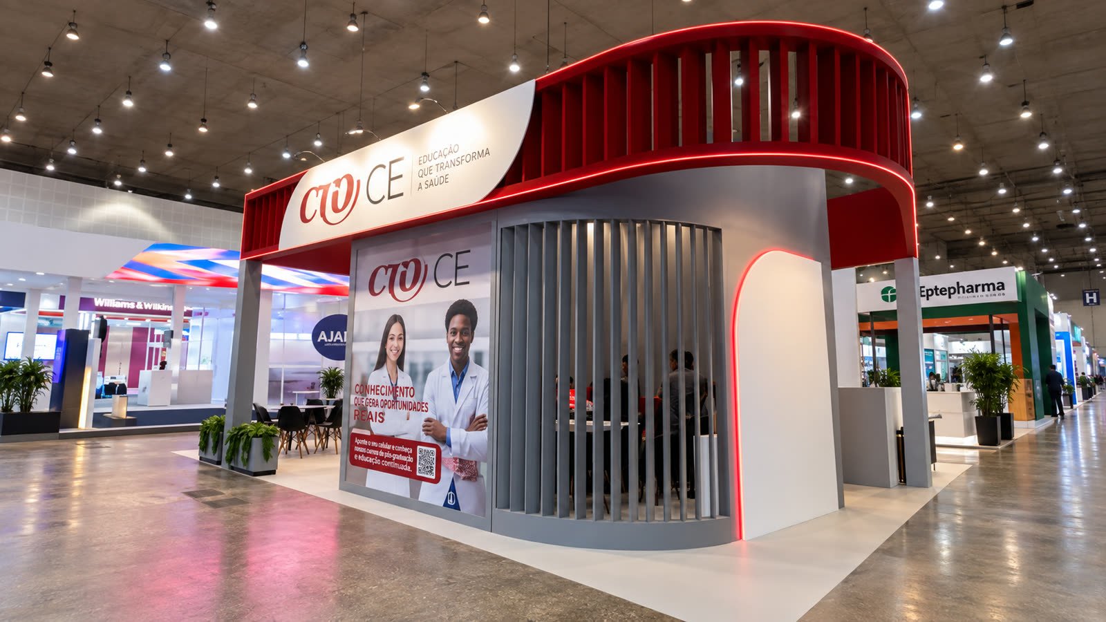 Stand do CRO-CE com testeira curva vermelha, painel com profissionais de odontologia e divisória em tubos