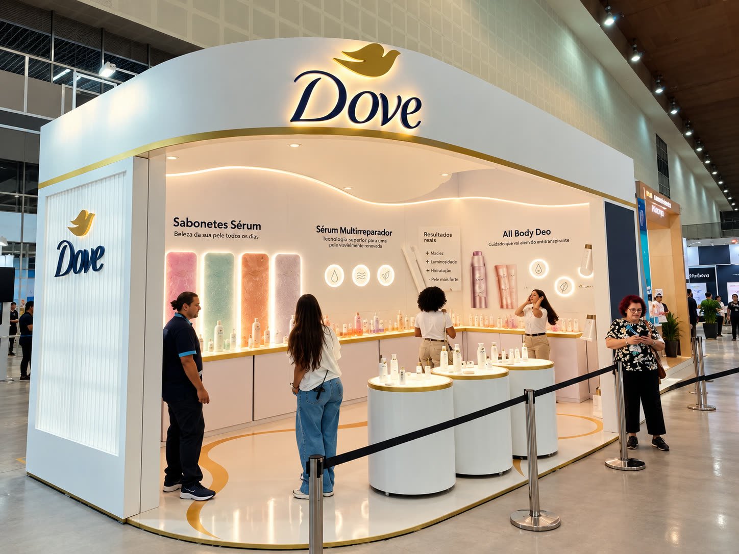Stand da Dove todo branco, com expositores iluminados e visitantes conhecendo os produtos