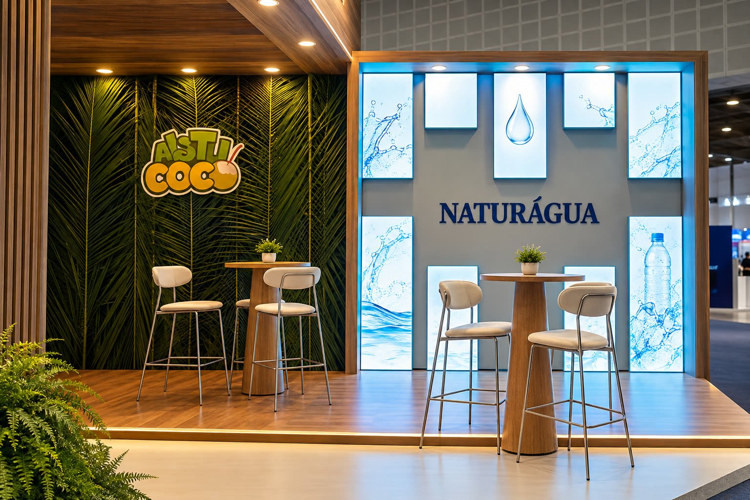 Stand da Naturágua e da Coco com parede de folhagem, painéis de água iluminados e mesas altas