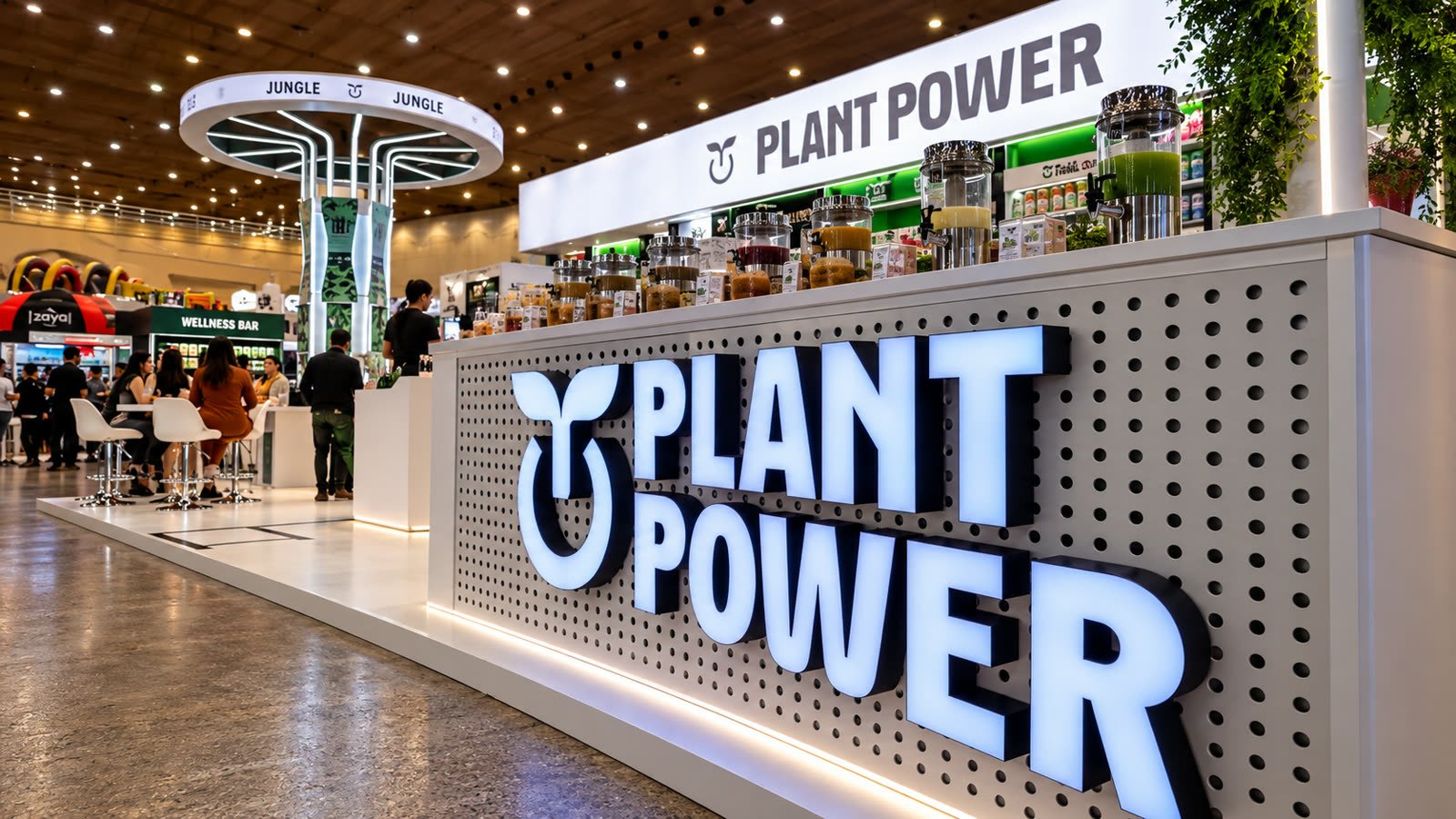 Stand da Plant Power com letreiro iluminado em relevo sobre painel branco perfurado