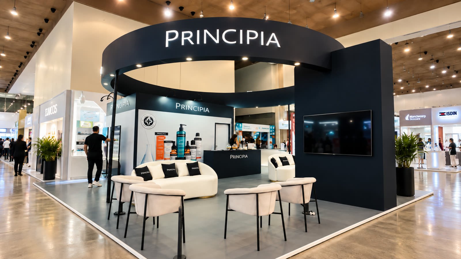 Stand da Principia com anel suspenso iluminado, balcão escuro e poltronas brancas